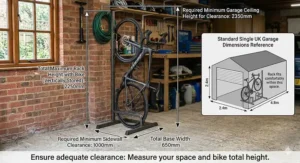 An informational graphic showing the height and width dimensions of a freestanding bike rack to ensure clearance in a standard single UK garage.