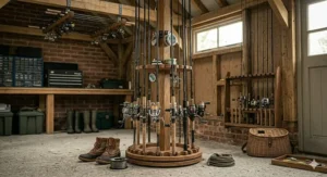 Freestanding circular fishing rod storage rack holding a collection of carbon fibre angling rods in the corner of a dedicated tackle room.