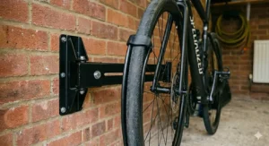 A freestanding gravity bike rack holding two bicycles stacked horizontally against a garage wall without needing to drill into the brickwork.