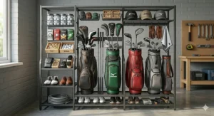 Freestanding black metal golf organiser rack featuring dedicated slots for golf clubs, open shelves for accessories, and bottom rack for shoes.
