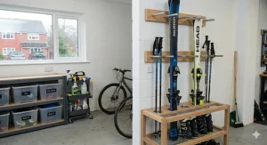 A freestanding wooden ski storage rack standing securely on the floor of a modern utility room, holding family skis and snowboard equipment.