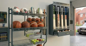 A metal ball storage rack for the garage featuring lower wire mesh baskets filled with smaller tennis balls, cricket balls, and pumps.