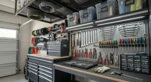 A space-saving wall-mounted rack keeping bicycles off the garage floor. garage storage solutions