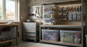 Heavy-duty, large stackable storage containers keeping garage tools and DIY gear safe from damp and dust.