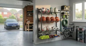 A free-standing garage ball storage rack filled with children's tennis rackets, cricket bats, and various sports balls next to a parked car.