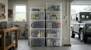 Transparent stacking boxes neatly organised on garage shelving, maximising space for household items.