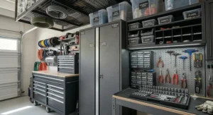 A dedicated DIY workbench area with integrated storage for tools and equipment.