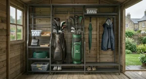 Rust-resistant golf equipment storage rack positioned inside a wooden garden shed, keeping clubs dry and away from garden tools.