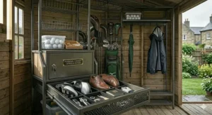 Lower shelf of a golf storage rack acting as a shoe rack, holding two pairs of spiked golf shoes and a shoe cleaning kit.