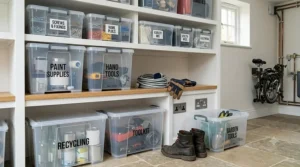 Sturdy, heavy-duty clear storage bins stacked on garage shelving for easy viewing of contents.