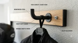 A photorealistic extreme close-up of a high-capacity jacket hook mounted on a solid oak panel, labelled with technical features such as 'Reinforced Steel' and 'Durable Matte Finish'.