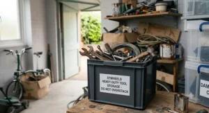 Black heavy-duty stackable boxes storing heavy DIY tools safely on a concrete garage floor.