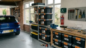 Stackable heavy-duty tote boxes used for storing seasonal items and gear in a UK garage.