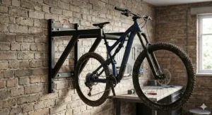 A heavy-duty wall-mounted bike rack securely fixed to a brick wall in a garage.