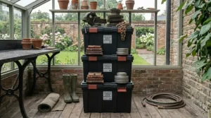 Reinforced heavy duty storage totes holding bulky tools and equipment safely.