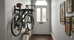 A horizontal wall-mounted bike rack displaying a commuter bike in a narrow hallway.