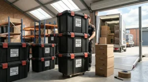 Robust heavy duty storage totes packed securely for a home move in the UK.