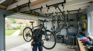 An innovative gas-assisted hydraulic ceiling bike rack lowering a heavy commuter e-bike smoothly down to waist height for easy access.