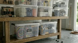 Clear stacking boxes with labels for easy identification of stored garage accessories.