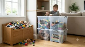 Large clear storage boxes filled with children's toys in a family living room.
