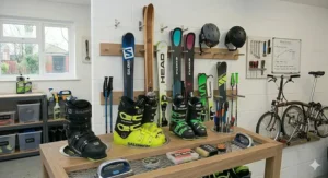 A large-capacity metal ski storage rack holding six pairs of adults' and children's winter sports skis side by side.