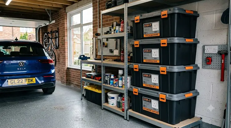 Large heavy-duty storage boxes stacked in a tidy garage, perfect for heavy equipment organisation. large heavy duty tote boxes garage