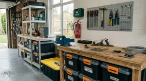Large storage totes filled with tools and hardware inside a well-organised garage workshop.
