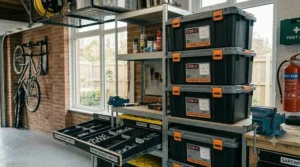 Large tote boxes storing automotive supplies and sports equipment safely in a garage.