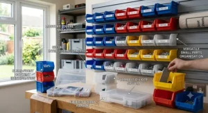 A clean, illustrative product diagram, using the precise line work of heavy-duty-small-parts-storage-bins.jpg and wall-mounted-small-parts-storage-bins.jpg, showing the specific colorful small parts storage bins from small-parts-storage-bins-uk.jpg with optional clear, lidded tops. The diagram illustrates how the lidded bins retain dust protection and spill resistance, while still allowing stackability. Text labels in British English point to features like "DUST-PROOF LID," "SECURE STACKING LOGIC," and "REINFORCED BASE FOR HEAVY LOADS."