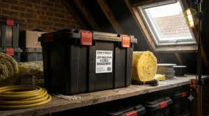 Durable heavy duty storage totes securely storing seasonal items in a UK loft.