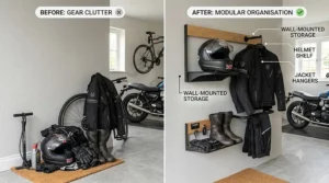 A split photorealistic image contrasting a messy pile of specific motorcycle gear in a garage with the same items neatly arranged on an installed, wall-mounted gear rack system, using natural light.