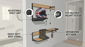 An illustrative infographic showing a motorcycle gear rack on a grey wall, highlighting features like adjustable shelving for different helmet styles and an integrated key hook, maintaining the garage aesthetic.