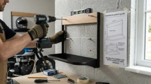 A photorealistic image of a person installing the gear rack onto a masonry wall, using a spirit level and an installation pattern guide to ensure secure and accurate mounting.