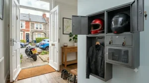A lockable metal cabinet used for organised motorcycle helmet storage and protective gear in a residential garage.