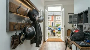 Modern industrial-style motorcycle helmet storage hooks installed in a compact hallway, keeping riding gear tidy.