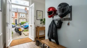 A stylish motorcycle helmet storage rack mounted on a garage wall, neatly organising multiple helmets in a British home.