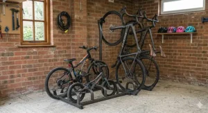 A durable freestanding bike rack for garage storage holding four family bikes including a children's mountain bike and a ladies hybrid.