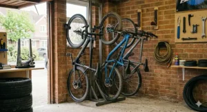 Three family bicycles neatly arranged on a vertical wall rack with staggered heights to prevent the handlebars from tangling in a narrow space.