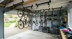 Two parallel ceiling bike racks storing a mountain bike and a gravel bike side-by-side near the ceiling of a modern British brick garage.