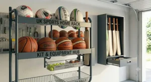 A neatly organised garage corner featuring a sleek black ball storage rack, replacing a messy pile of loose sports balls on the floor.