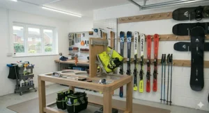 An organised home garage interior where winter sports equipment is cleanly off the floor, thanks to a customisable wall-mounted ski storage rack.