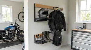 A photorealistic 4K close-up photograph of an organised garage corner, featuring the specific wall-mounted wooden and metal motorcycle gear racks, neatly storing a matching helmet, jacket, boots, gloves, and key fob.