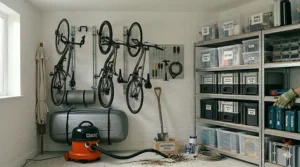 Heavy-duty ceiling storage racks holding seasonal items, keeping the floor clear in a typical compact garage.