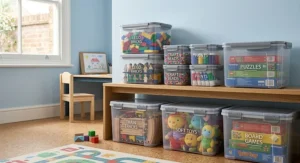 Colourful, robust stackable storage containers used to sort children's toys and Lego bricks in a playroom.