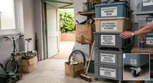 Eco-friendly stackable boxes for small garage storage, made from fully recycled plastic, sitting neatly next to a workbench.