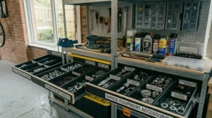 Robust heavy-duty tote boxes holding bulky items securely on a garage workbench.