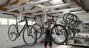 An aluminium overhead sliding track system mounted to the ceiling, allowing multiple bicycles to be stored closely together and slid out individually.