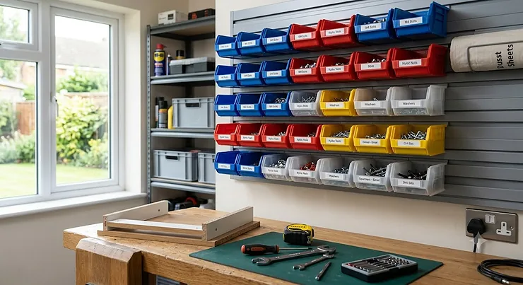A durable, wall-mounted louvre panel system featuring colourful small parts storage bins (shades of blue, red, yellow, and translucent white) packed with tiny metallic components. The system is installed in a bright, modern British home workshop, with quality hand tools visible on an oak-topped workbench in the foreground and a uPVC window overlooking a suburban UK garden in the background. small parts storage bins