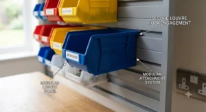 A clean, illustrative diagram depicting the specific wall-mounted louvre panel system and colorful plastic small parts storage bins from small-parts-storage-bins-uk.jpg being used in a compact utility room corner. The illustration, styled like heavy-duty-small-parts-storage-bins.jpg, shows the bins densely packed on the panel, with small text labels "MODULAR LOUVRE CLIP SYSTEM" and "QUICK & SECURE ATTACHMENT" in British English.