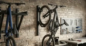 Close-up of a space-saving vertical wall-mounted bike rack holding a mountain bike.
